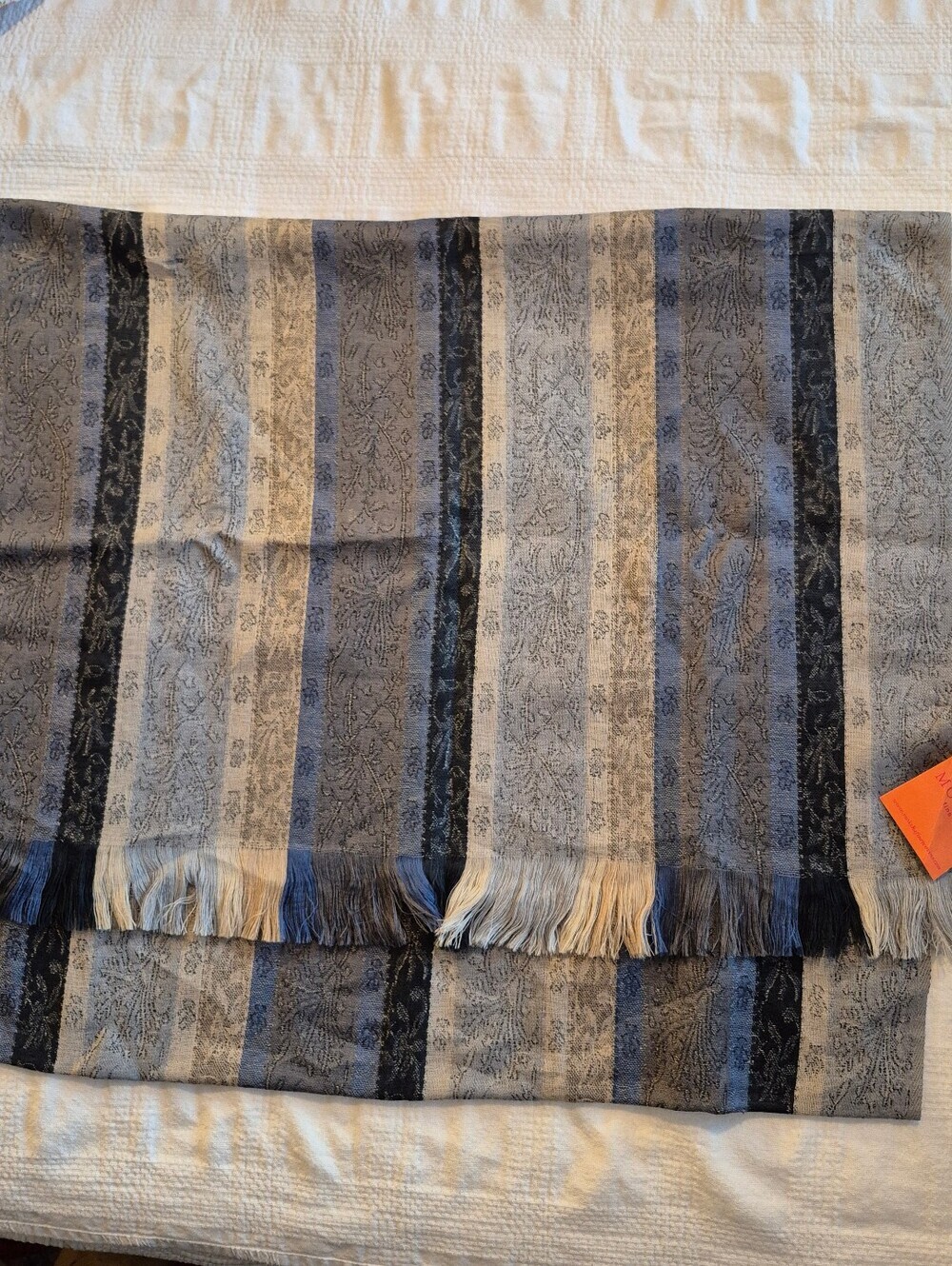 Moksha fine wovens 100% pure new wool, dry clean only blues tan gray striped NWT - Picture 2 of 8
